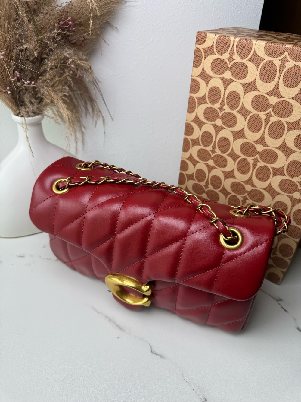 Coach Quilted Red Leather Shoulder Bag with Gold Chain - Picture 3 of 5